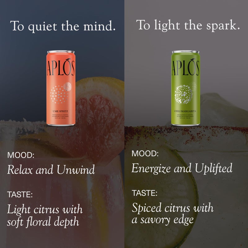Aplós Canned Variety Pack of Non-Alcoholic Cocktails, Formulated with Adaptogens and Botanicals, Low Calorie, No Added Sugar Beverage (8 Pack, Ume Spritz & Chili Margarita) - Image 2